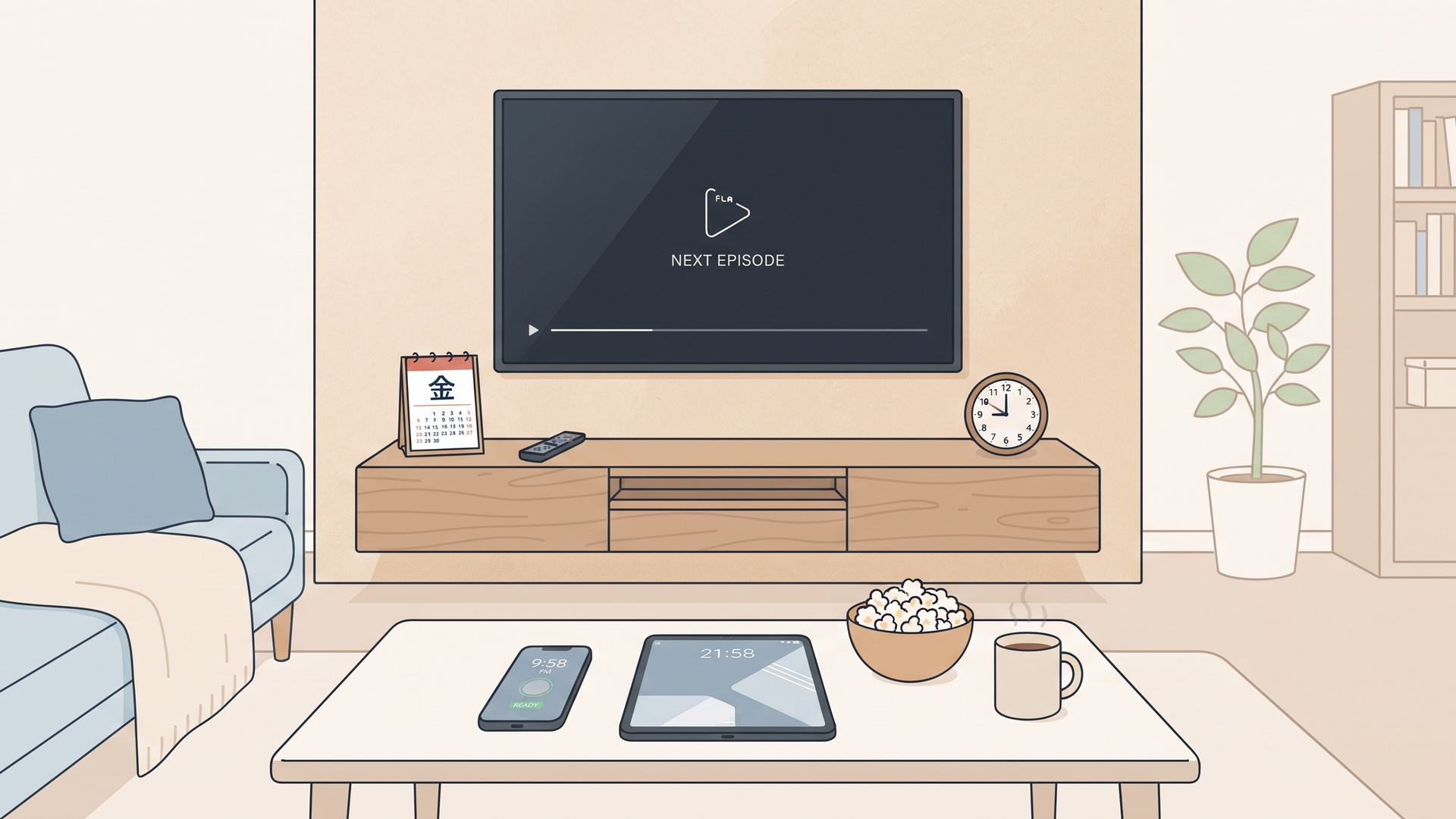 金曜の夜にテレビの前でドラマの始まりを待つ、カレンダーと時計のイメージ