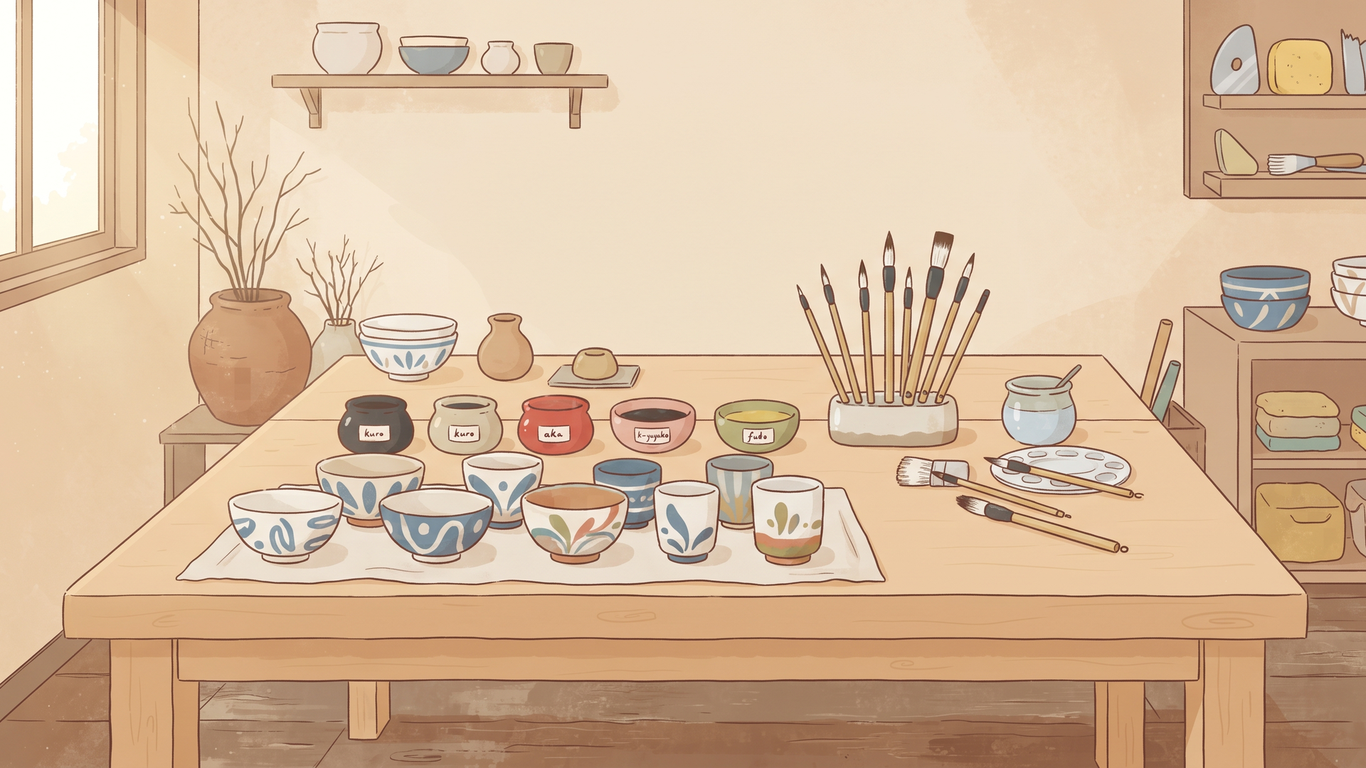 絵付けの筆と釉薬の器が並ぶ、窯元の作業台のあたたかな風景